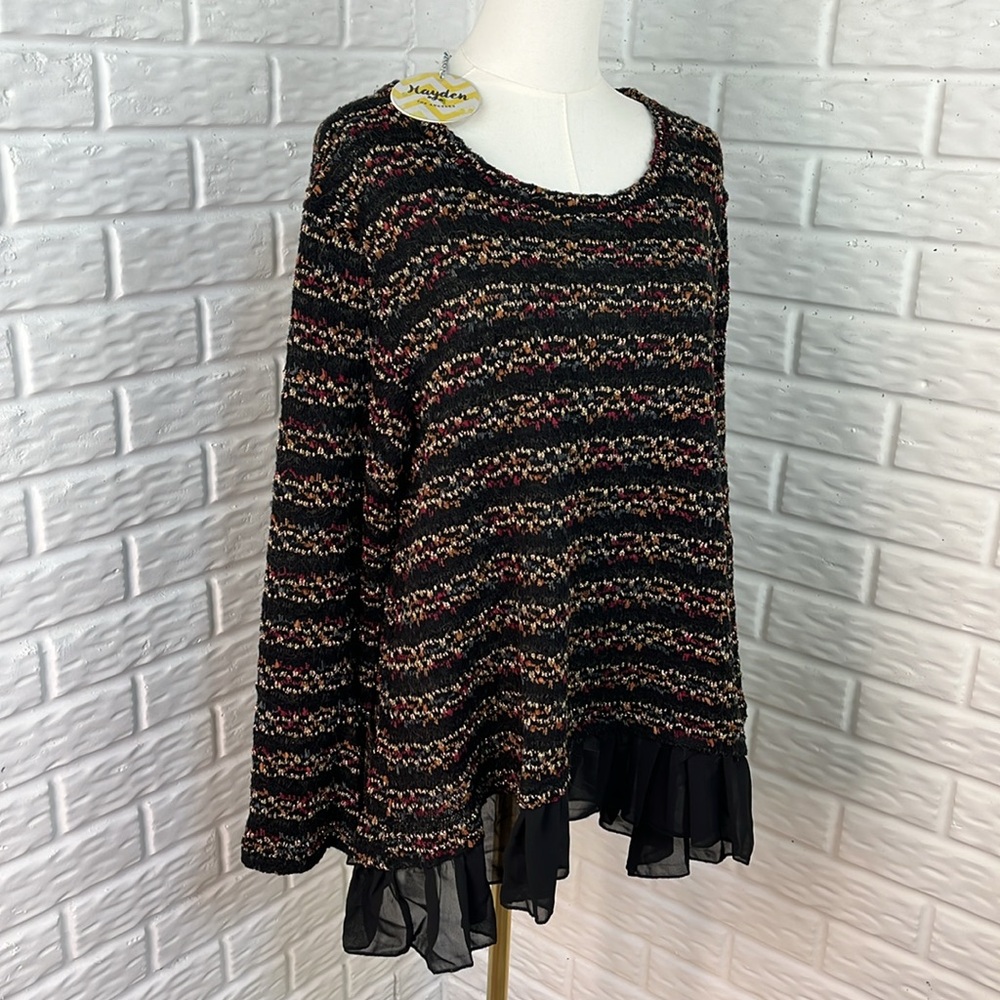 HAYDEN Black Mix Knit Metallic Thread Sweater TunicSheer Ruffle Hem Sz L NWT
